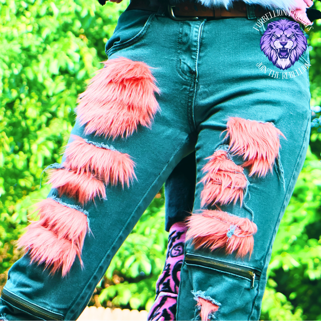 Rose Petal Ripped Furry Jeans