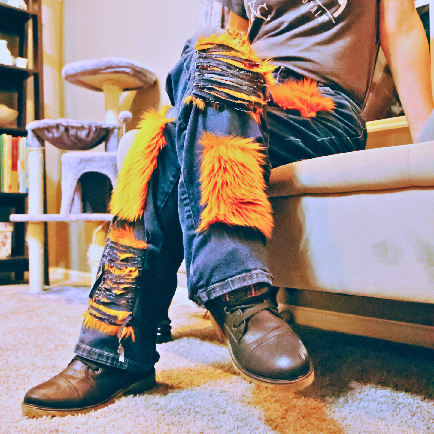 Copper Rust Ripped Furry Jeans
