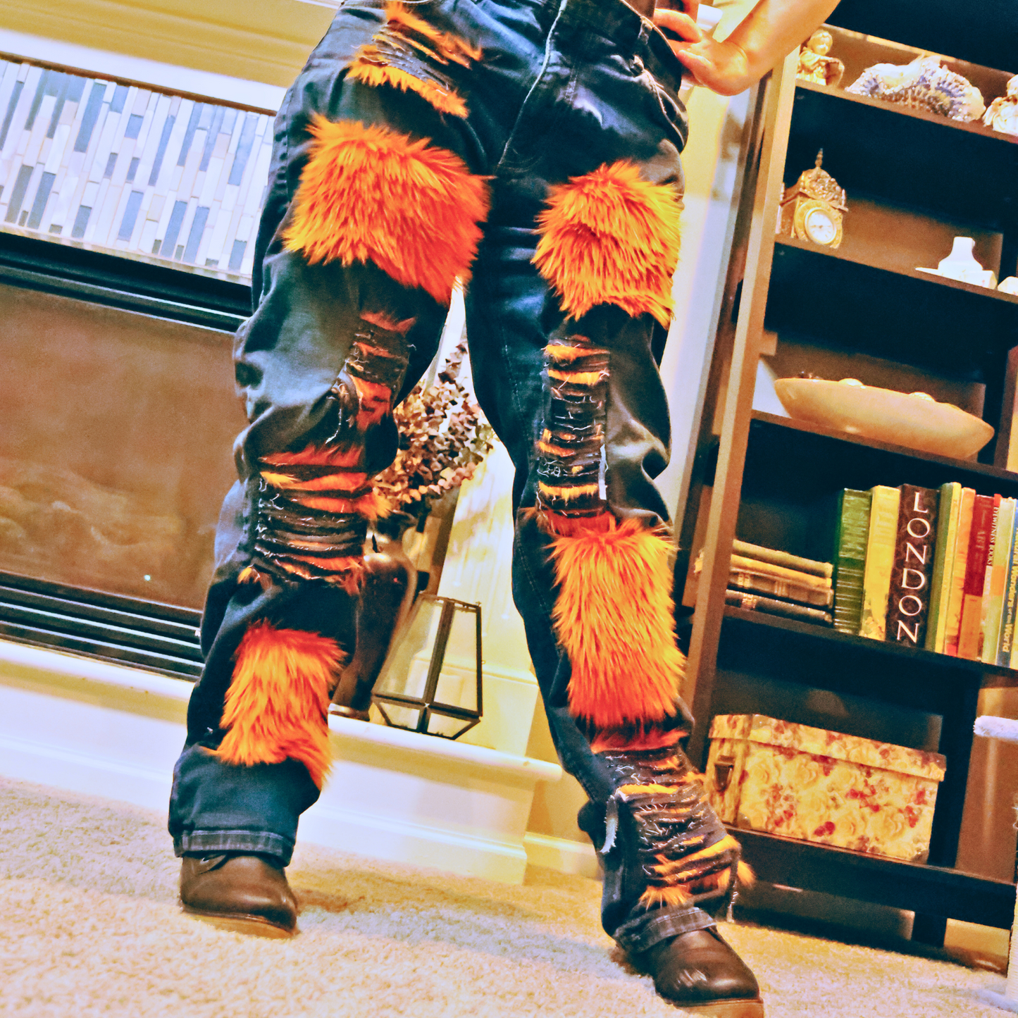 Copper Rust Ripped Furry Jeans