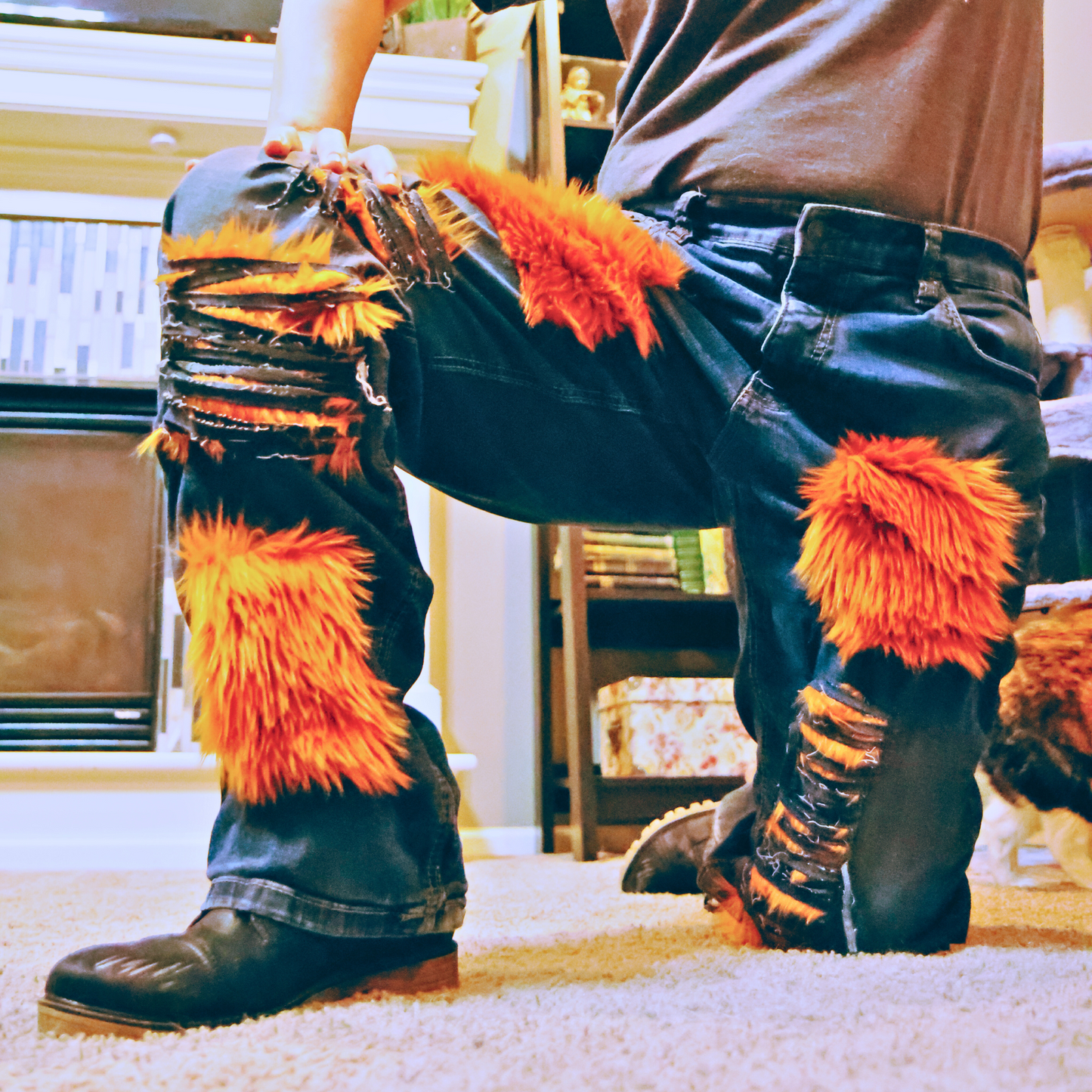 Copper Rust Ripped Furry Jeans