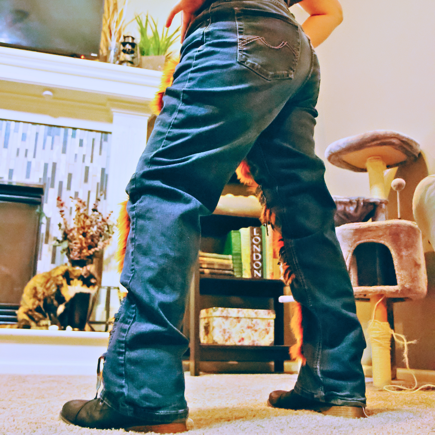 Copper Rust Ripped Furry Jeans