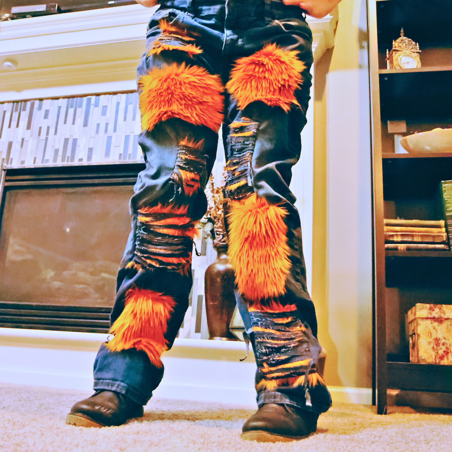 Copper Rust Ripped Furry Jeans