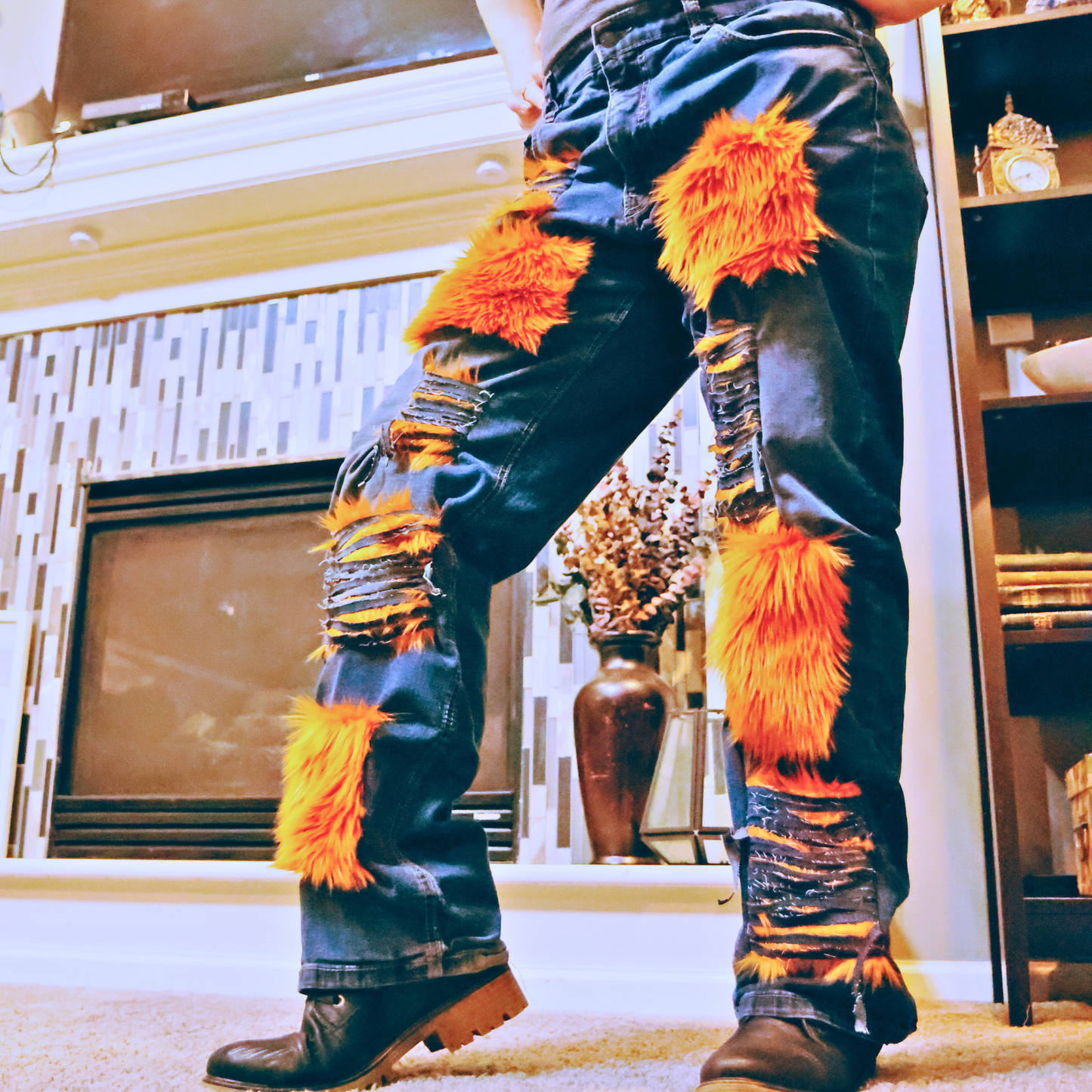 Copper Rust Ripped Furry Jeans