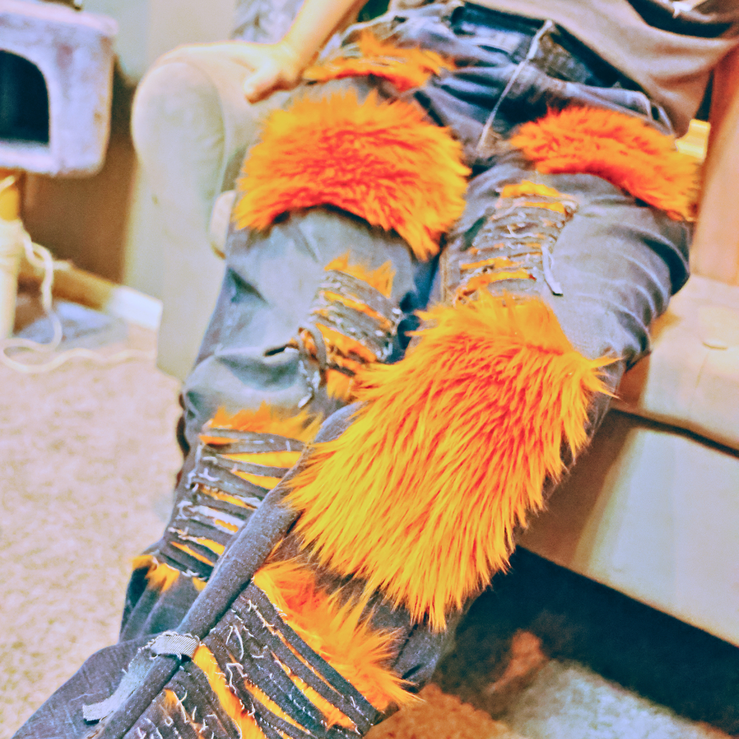 Copper Rust Ripped Furry Jeans