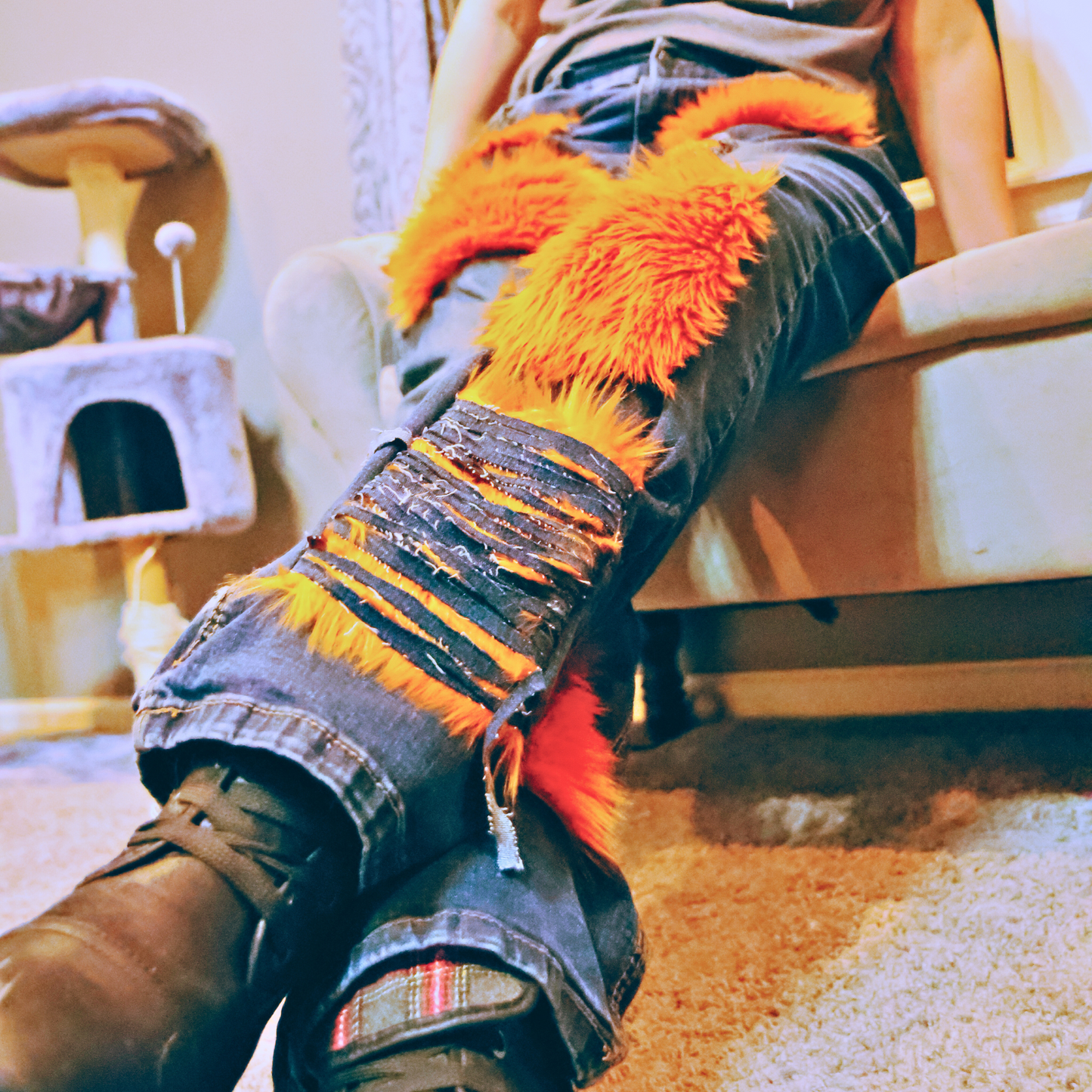Copper Rust Ripped Furry Jeans