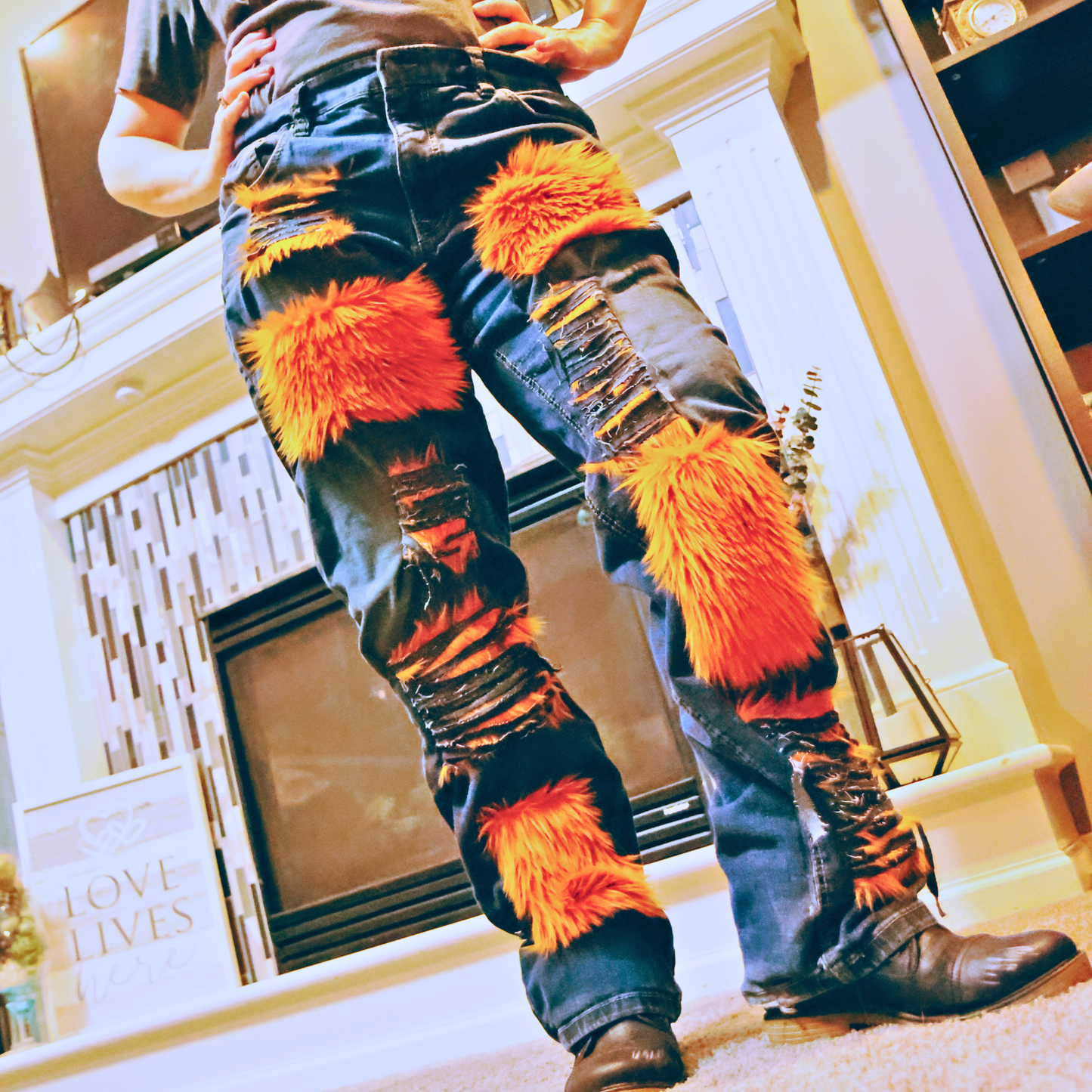 Copper Rust Ripped Furry Jeans