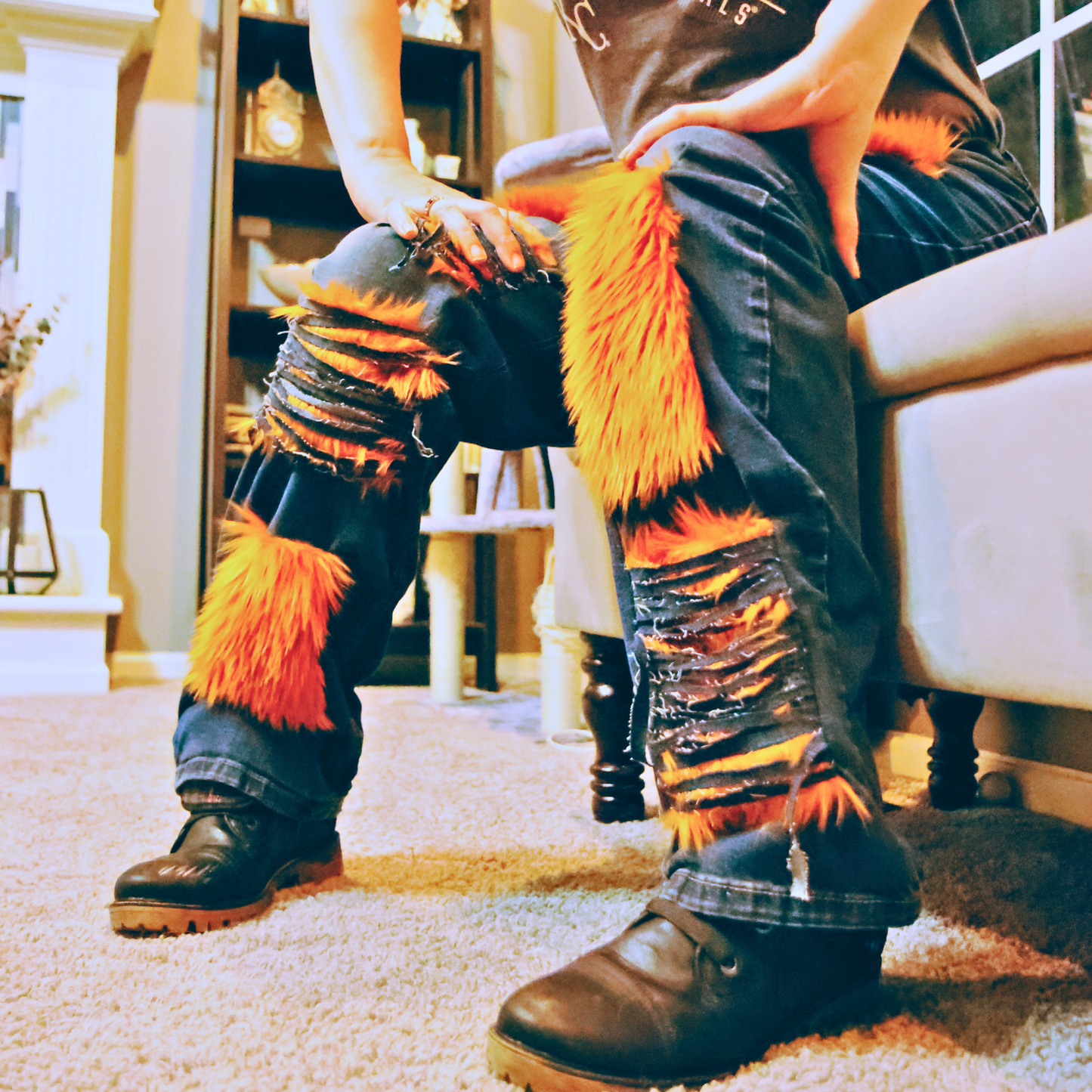 Copper Rust Ripped Furry Jeans