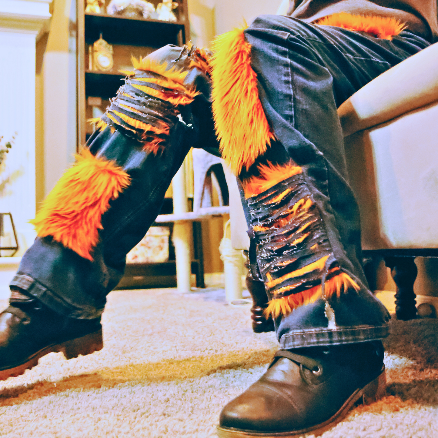 Copper Rust Ripped Furry Jeans