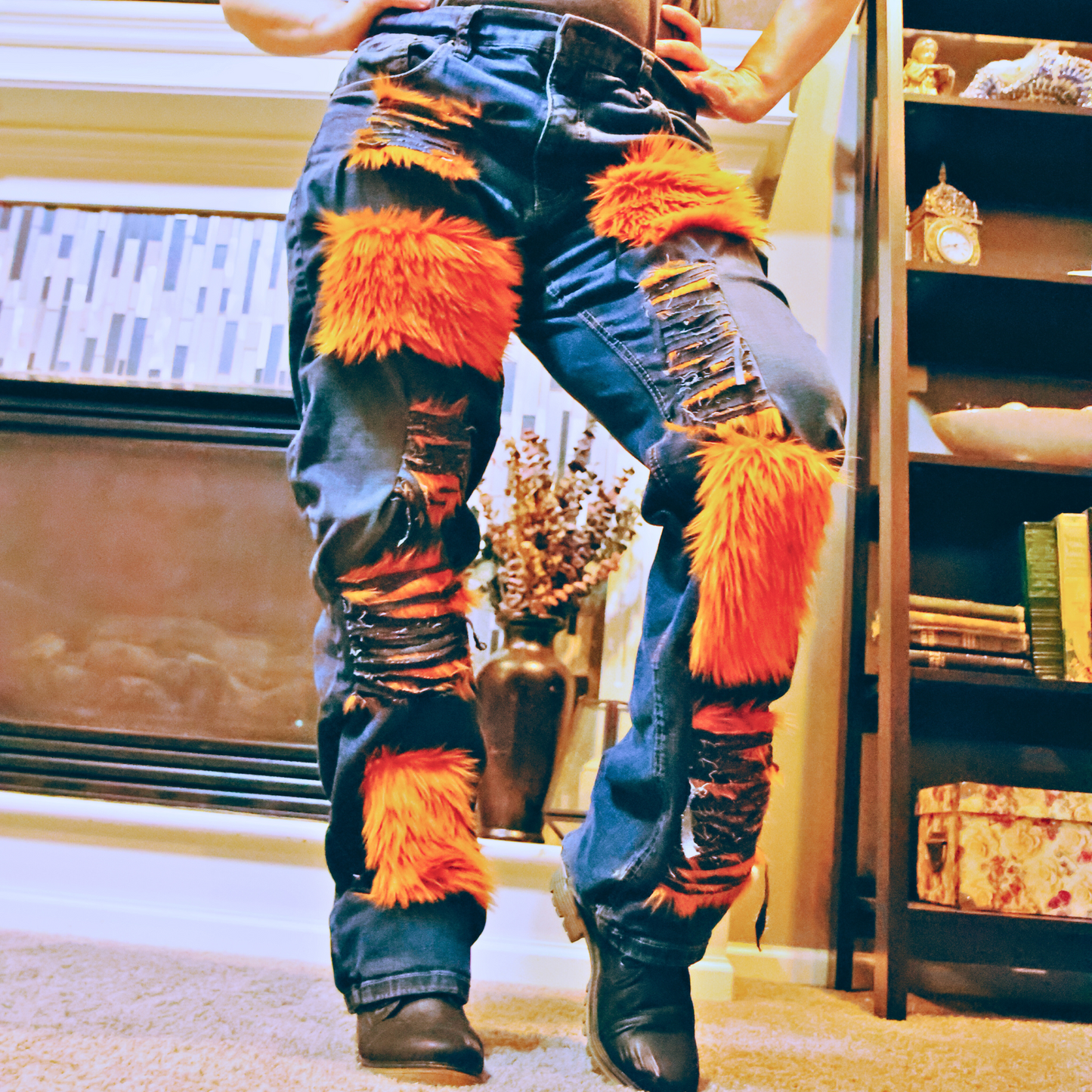 Copper Rust Ripped Furry Jeans