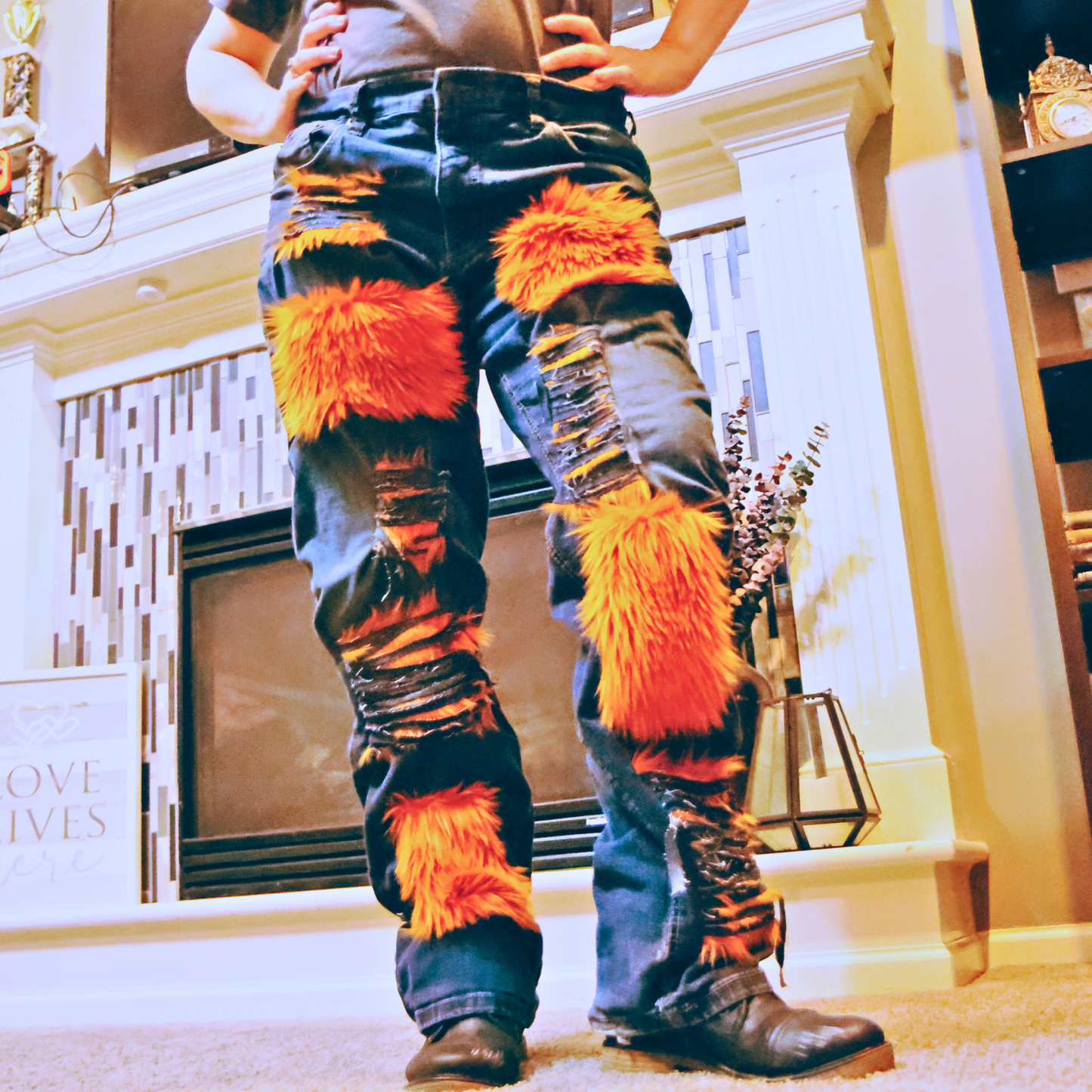 Copper Rust Ripped Furry Jeans