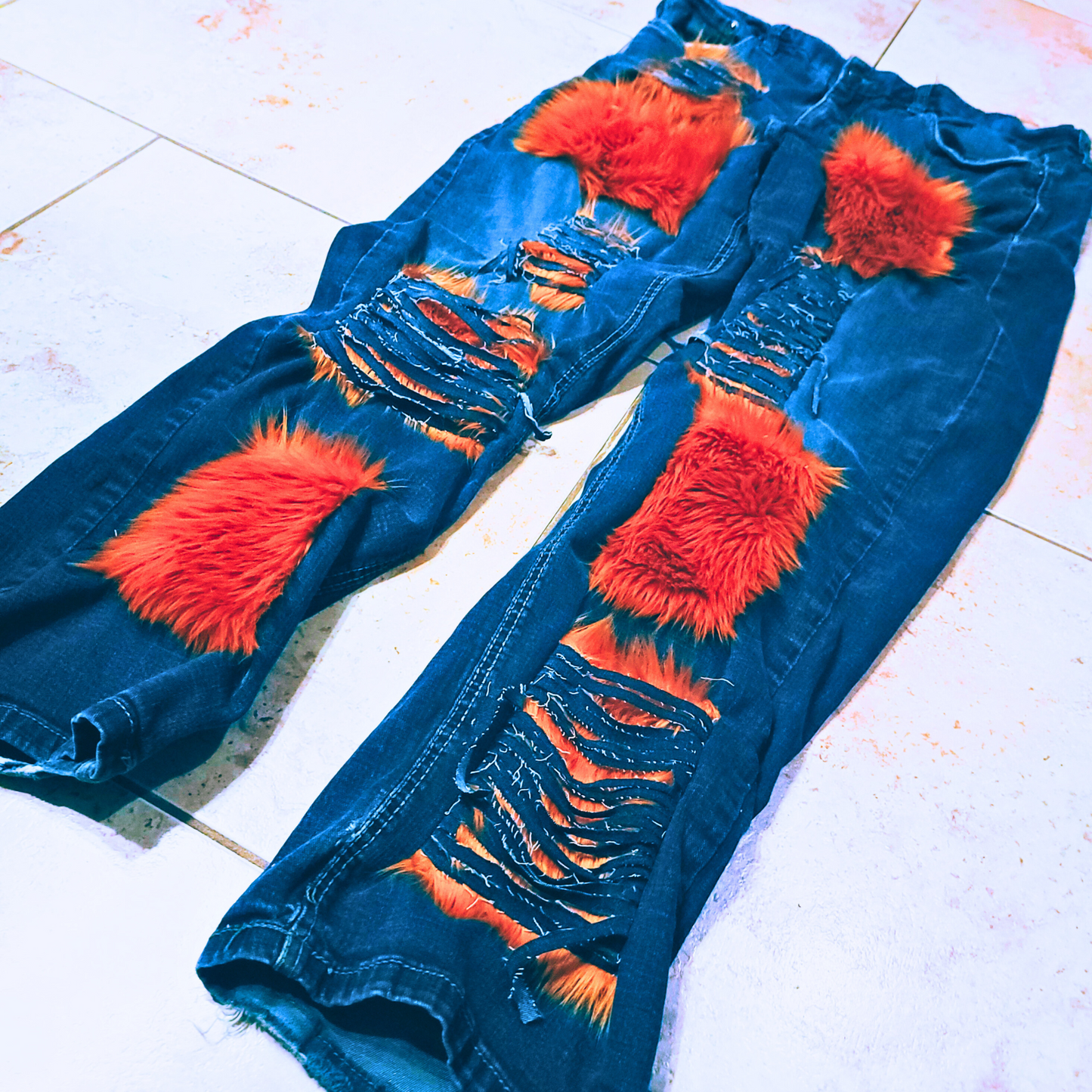 Copper Rust Ripped Furry Jeans
